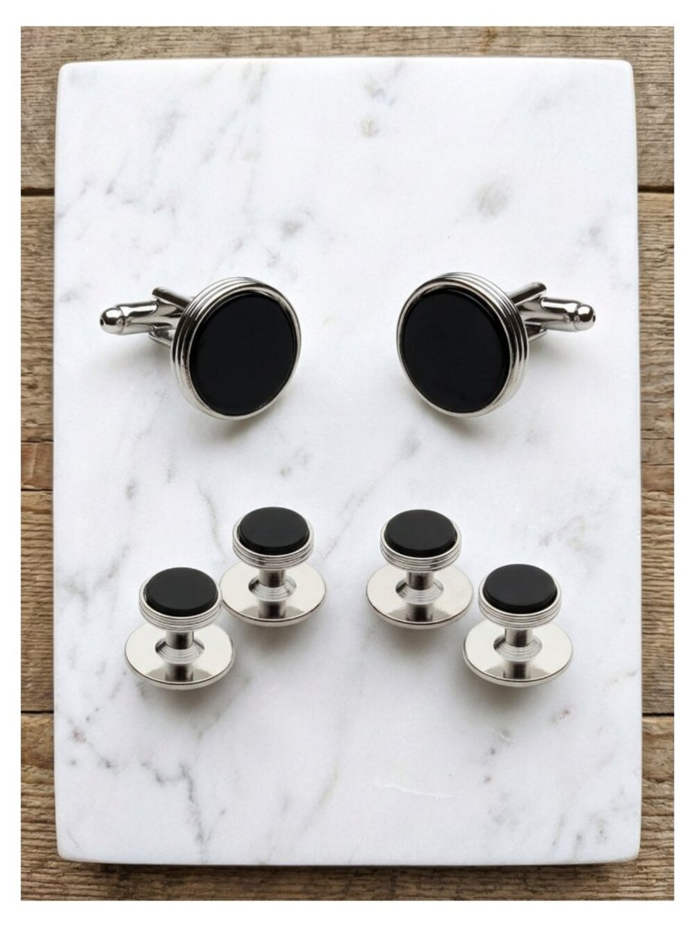 Men's Tuxedo Cufflinks Studs Set Genuine Black Onyx Silver Tone Formal Jewelry